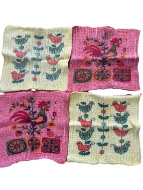 Vintage Swedish Style Printed Knit Dishcloths Lot of 4 Bird/Rooster 10x10